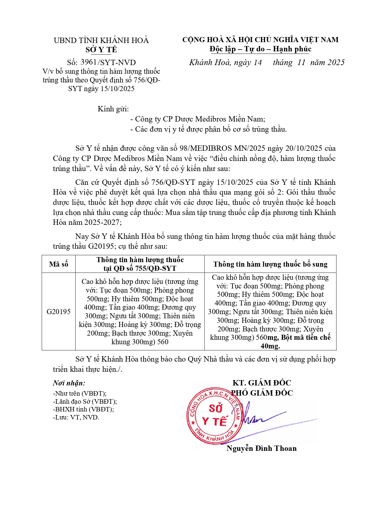 V/v bổ sung thông tin hàm lượng thuốc trúng thầu theo Quyết định số 756/QĐ- SYT ngày 15/10/2025